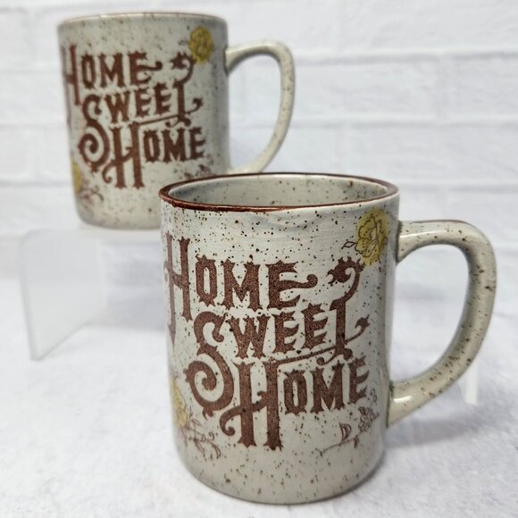 Pair Home Sweet Home Coffee Cup Mug Stoneware Gray & Brown 1970s Vintage Rustic - Picture 1 of 5